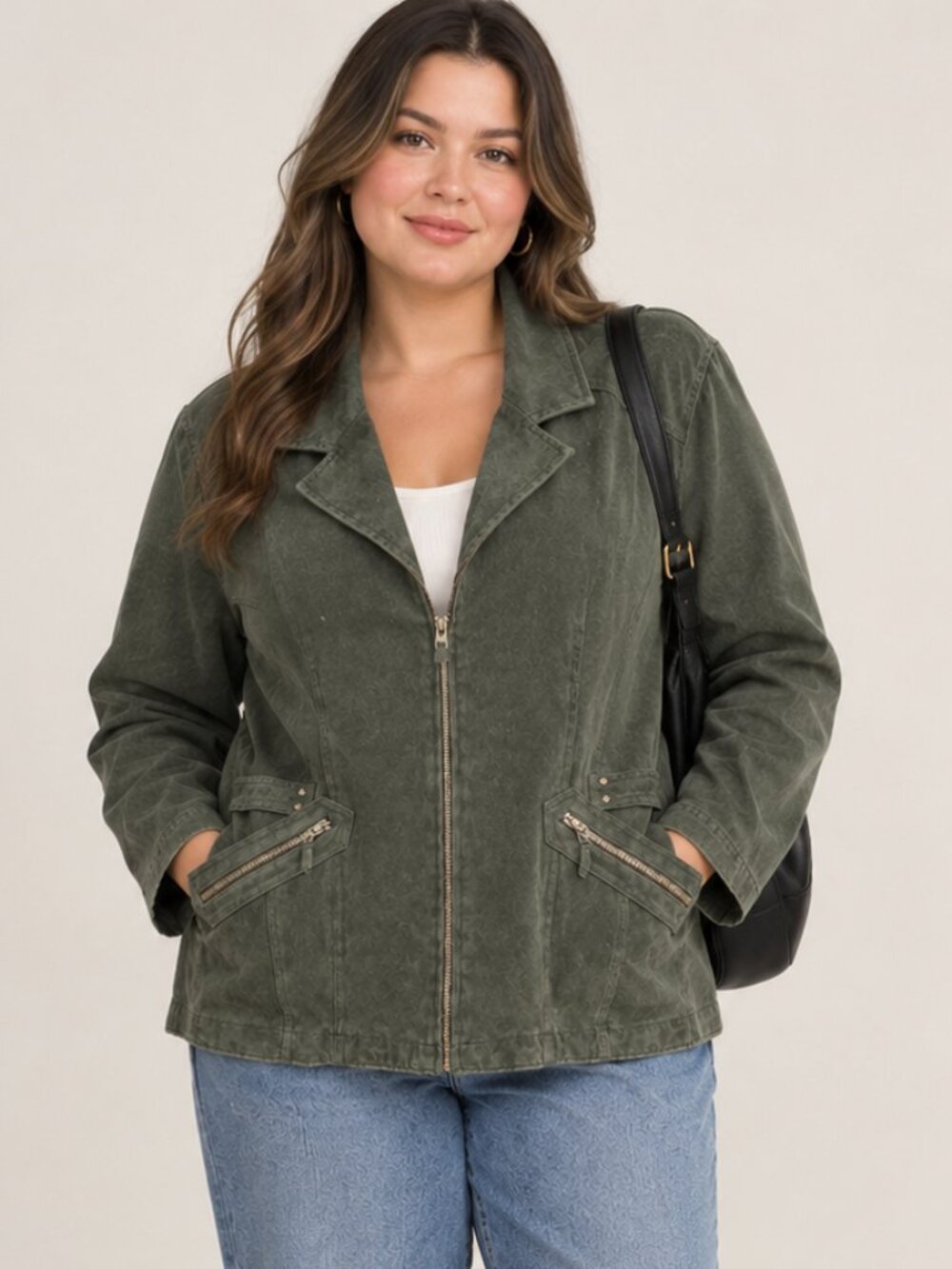 Penningtons Petite 1X Black Utility Jacket Zip Front Stretch Moto Style